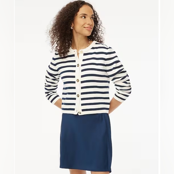 J.CREW Striped Cotton Lady Jacket Cardigan Sweater. Ivory Navy. Size L - Picture 1 of 9